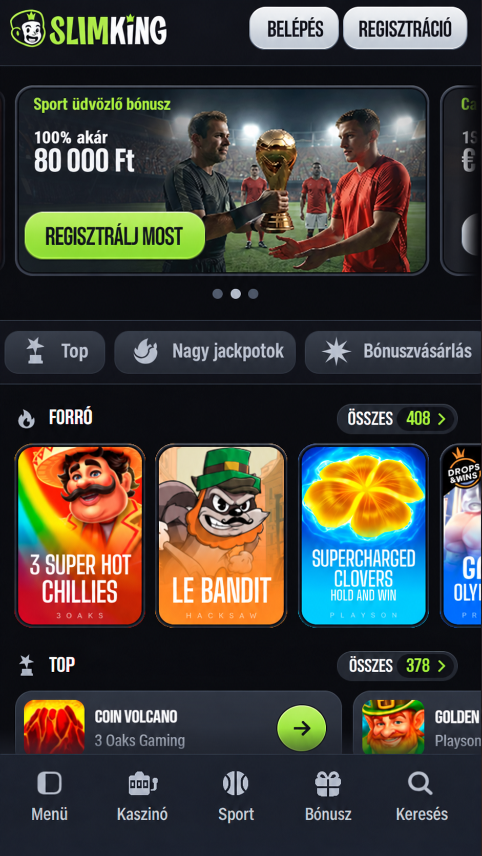 SlimKing casino mobile app bottom navigation bar and quick-access menu